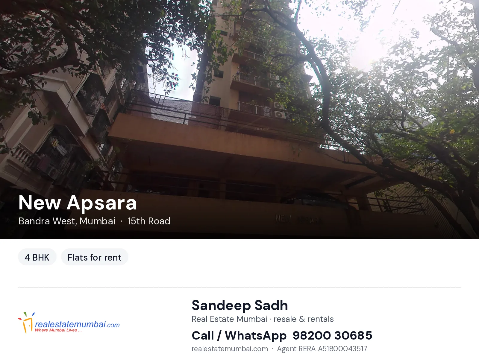 New Apsara, Bandra West, Mumbai — 4 BHK flats for rent | Real Estate Mumbai, Sandeep Sadh 98200 30685