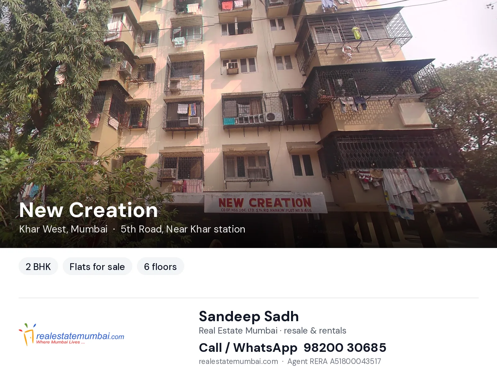 New Creation, Khar West, Mumbai — 2 BHK flats for sale | Real Estate Mumbai, Sandeep Sadh 98200 30685