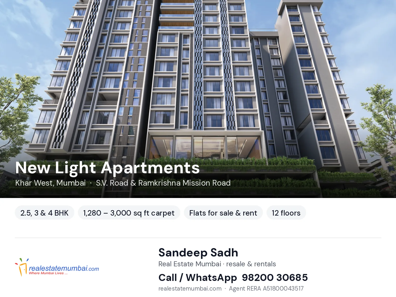 New Light Apartments, Khar West, Mumbai — 2.5, 3 & 4 BHK flats for sale & rent | Real Estate Mumbai, Sandeep Sadh 98200 30685