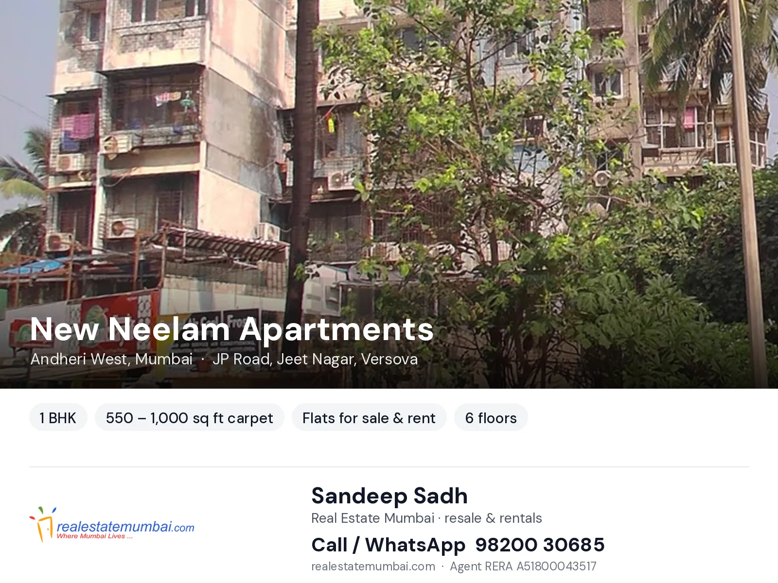 New Neelam Apartments, Andheri West, Mumbai — 1 BHK flats for sale & rent | Real Estate Mumbai, Sandeep Sadh 98200 30685