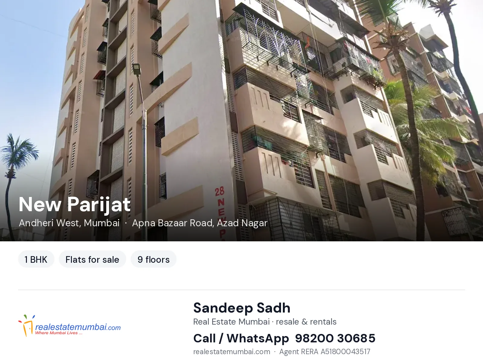 New Parijat, Andheri West, Mumbai — 1 BHK flats for sale | Real Estate Mumbai, Sandeep Sadh 98200 30685