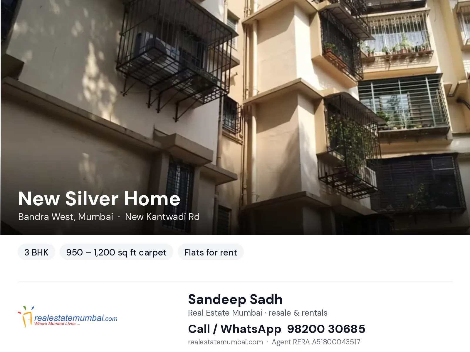 New Silver Home, Bandra West, Mumbai — 3 BHK flats for rent | Real Estate Mumbai, Sandeep Sadh 98200 30685