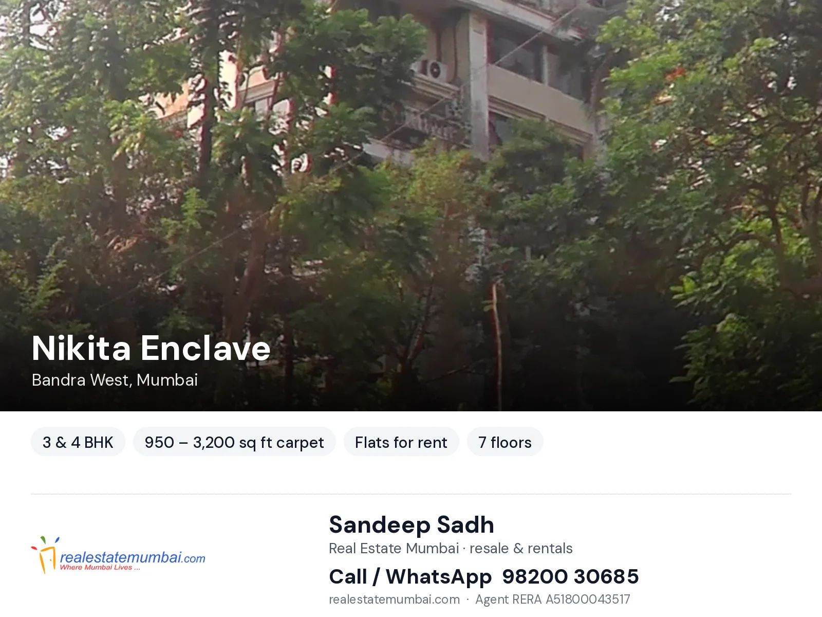 Nikita Enclave, Bandra West, Mumbai — 3 & 4 BHK flats for rent | Real Estate Mumbai, Sandeep Sadh 98200 30685