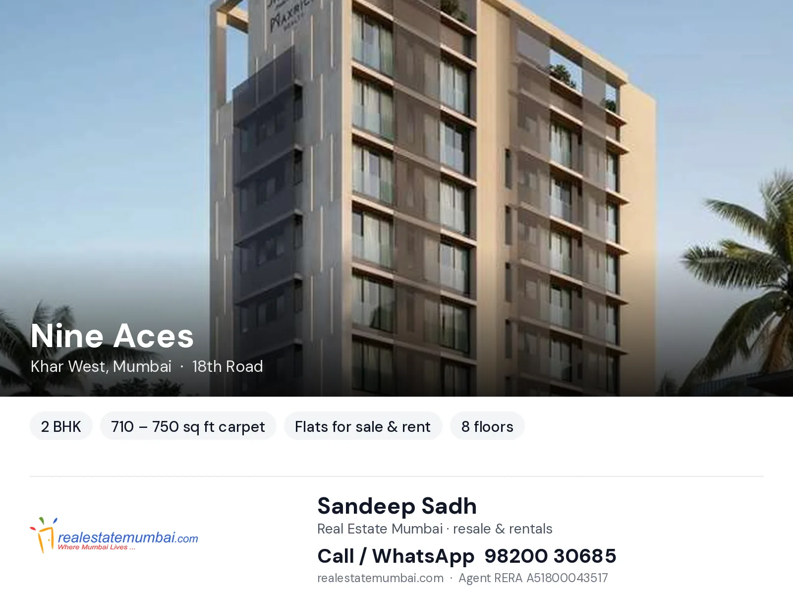 Nine Aces, Khar West, Mumbai — 2 BHK flats for sale & rent | Real Estate Mumbai, Sandeep Sadh 98200 30685