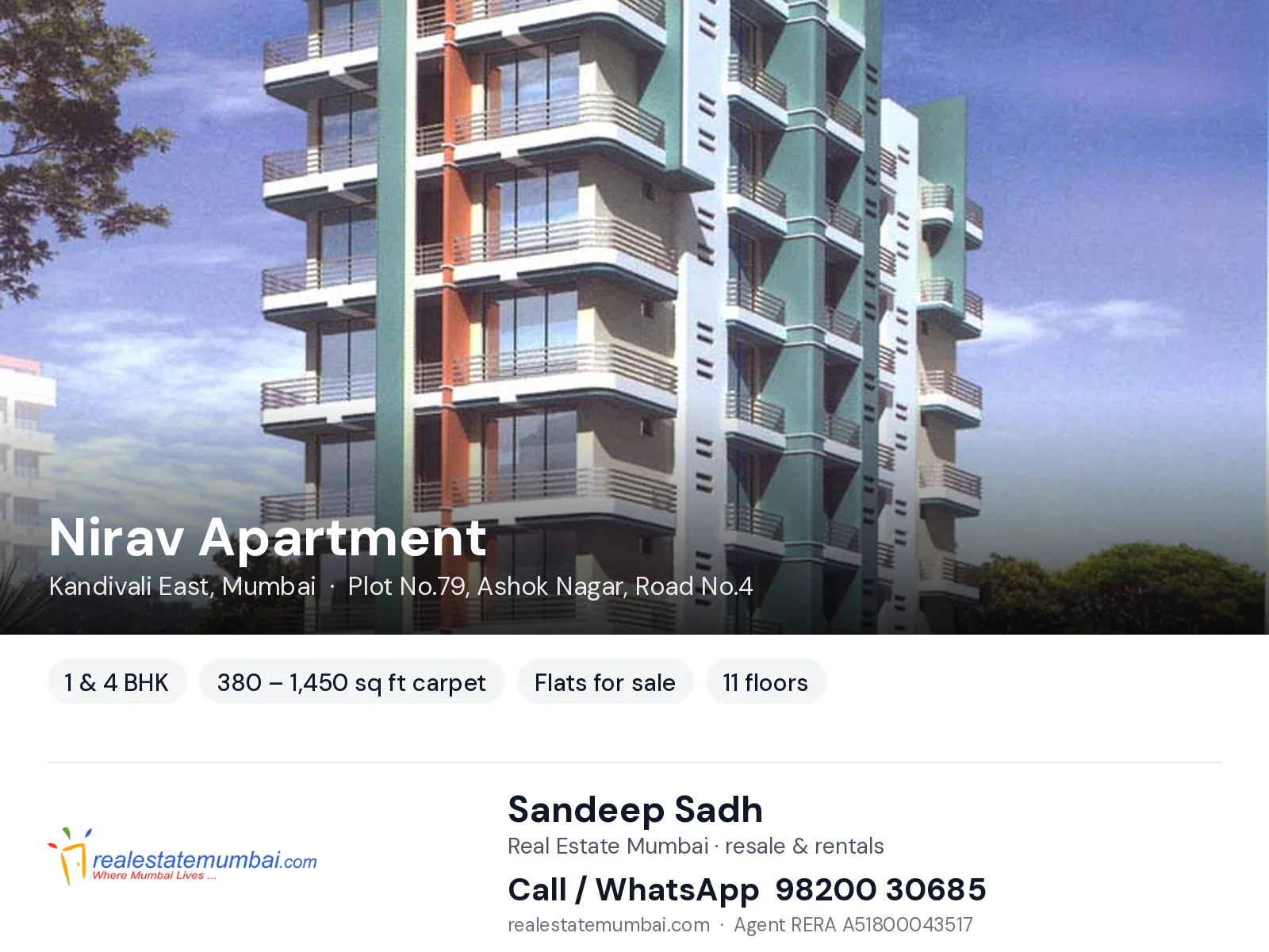 Nirav Apartment, Kandivali East, Mumbai — 1 & 4 BHK flats for sale | Real Estate Mumbai, Sandeep Sadh 98200 30685
