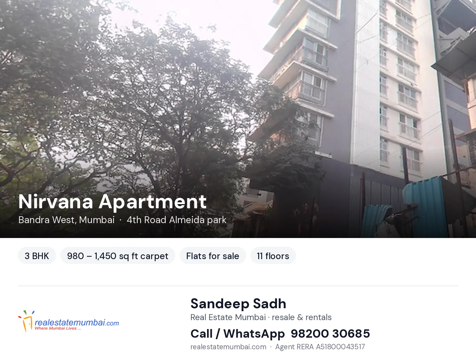 Nirvana Apartment, Bandra West, Mumbai — 3 BHK flats for sale | Real Estate Mumbai, Sandeep Sadh 98200 30685