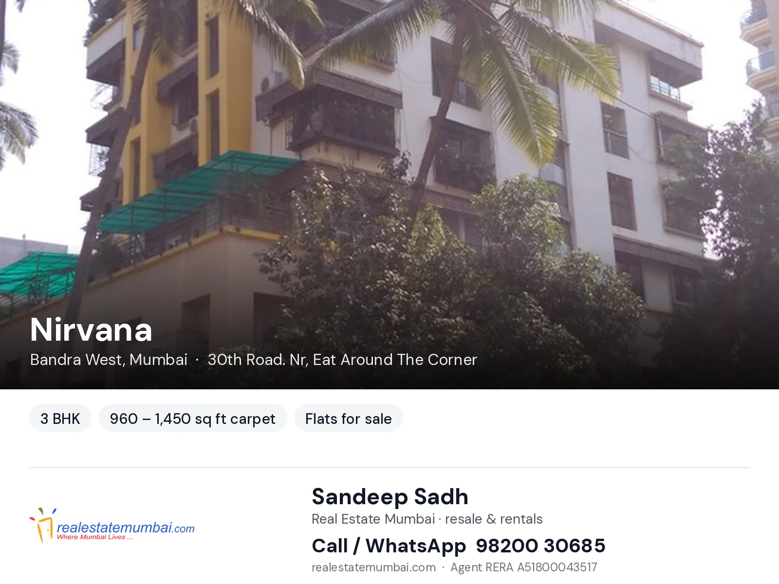 Nirvana, Bandra West, Mumbai — 3 BHK flats for sale | Real Estate Mumbai, Sandeep Sadh 98200 30685