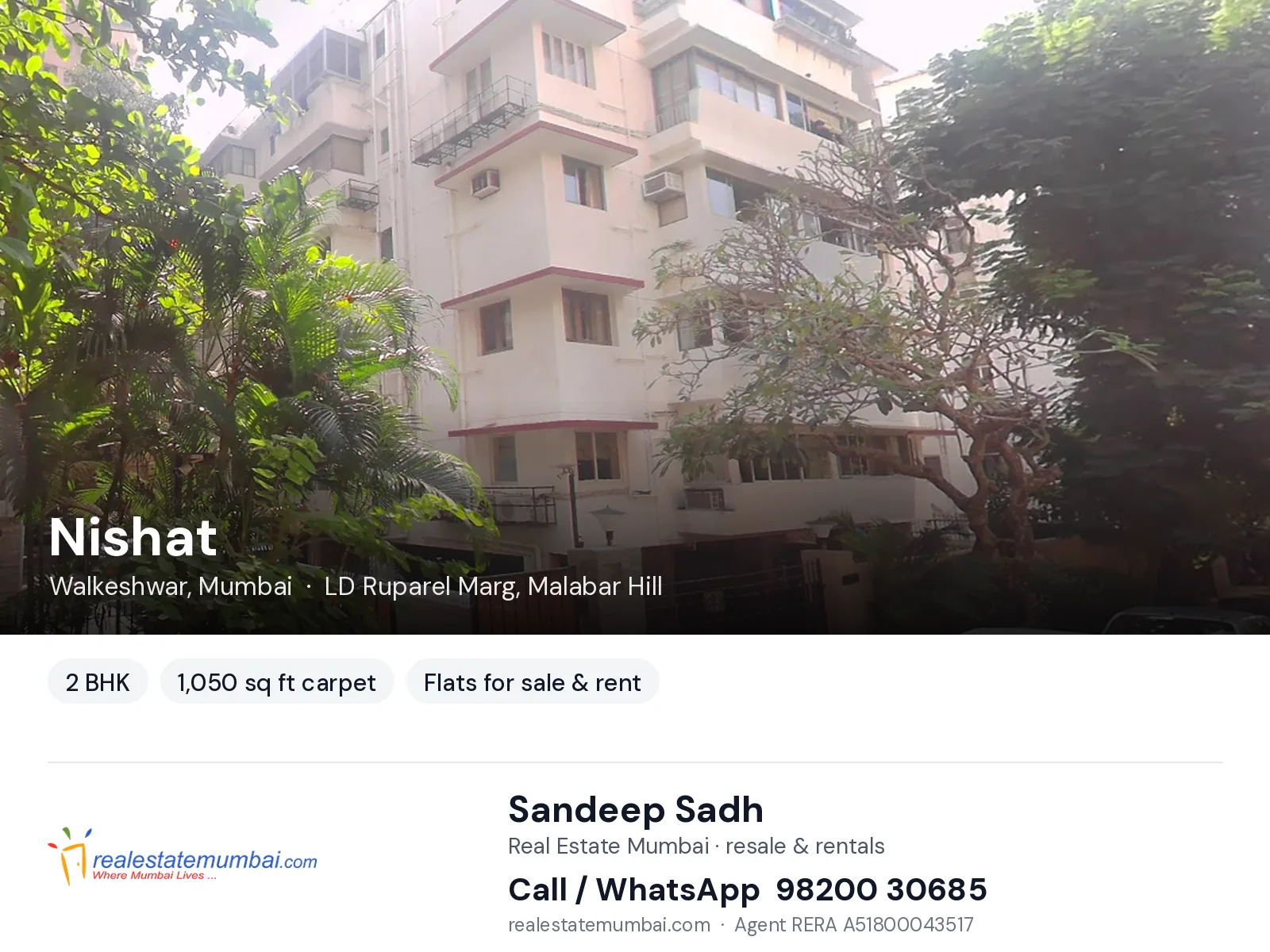 Nishat, Walkeshwar, Mumbai — 2 BHK flats for sale & rent | Real Estate Mumbai, Sandeep Sadh 98200 30685