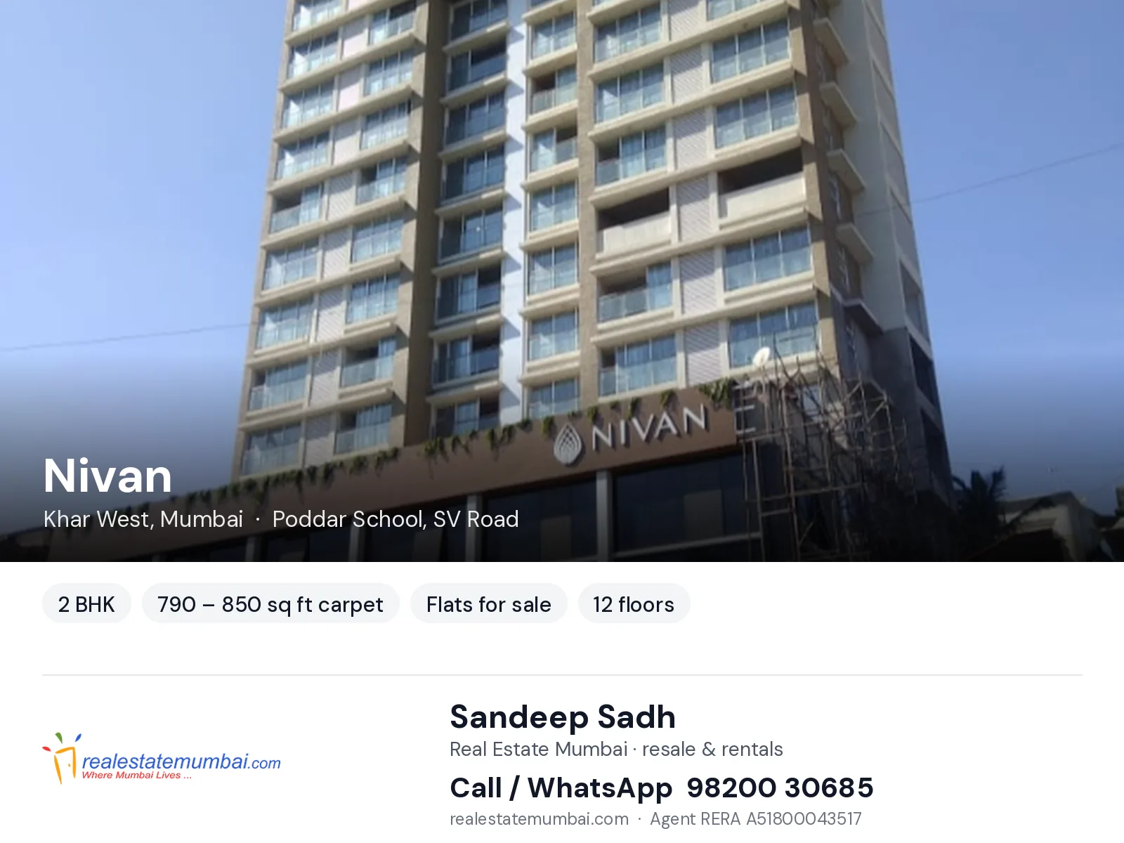 Nivan, Khar West, Mumbai — 2 BHK flats for sale | Real Estate Mumbai, Sandeep Sadh 98200 30685