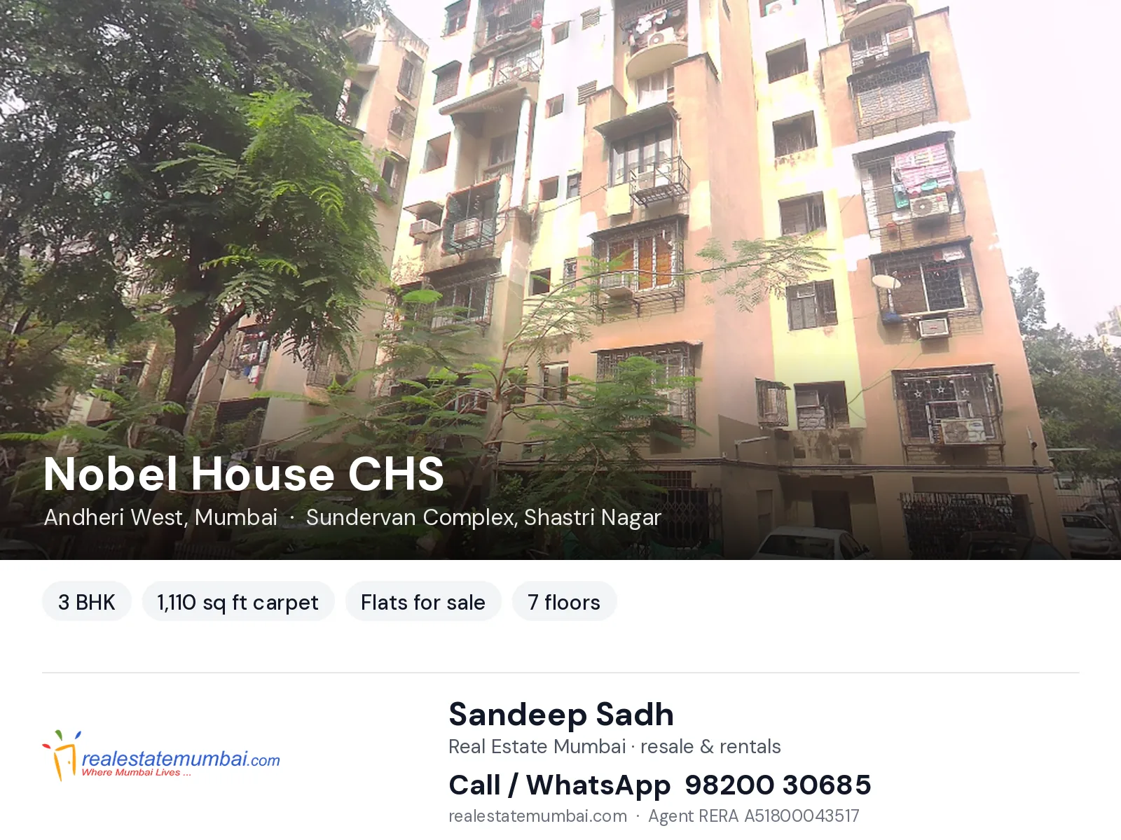 Nobel House CHS, Andheri West, Mumbai — 3 BHK flats for sale | Real Estate Mumbai, Sandeep Sadh 98200 30685