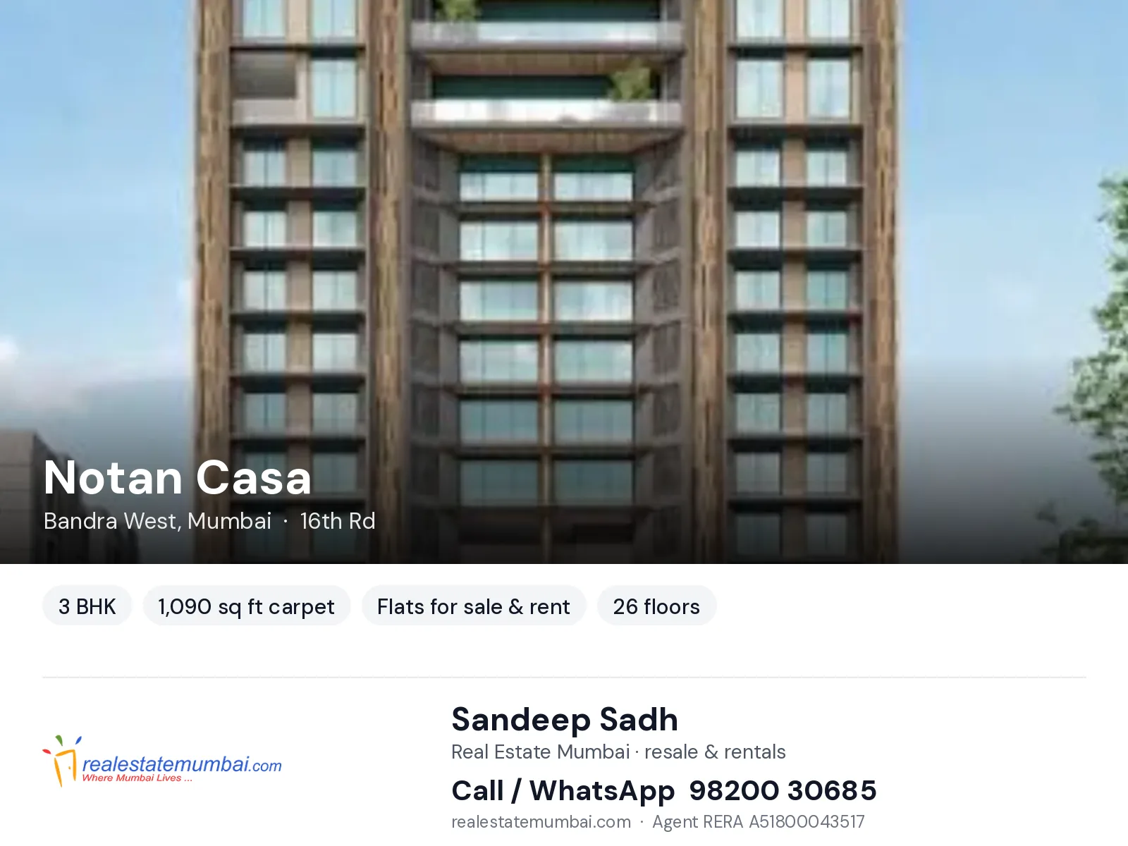 Notan Casa, Bandra West, Mumbai — 3 BHK flats for sale & rent | Real Estate Mumbai, Sandeep Sadh 98200 30685