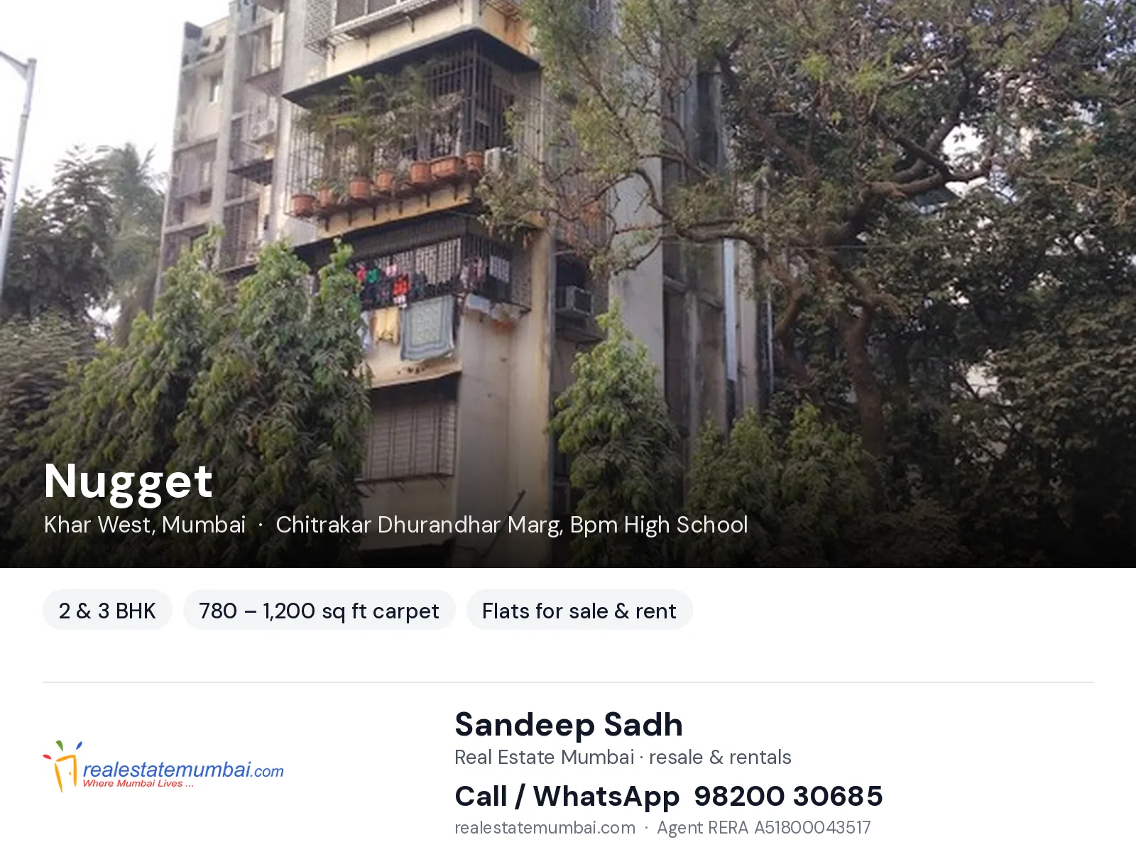 Nugget, Khar West, Mumbai — 2 & 3 BHK flats for sale & rent | Real Estate Mumbai, Sandeep Sadh 98200 30685