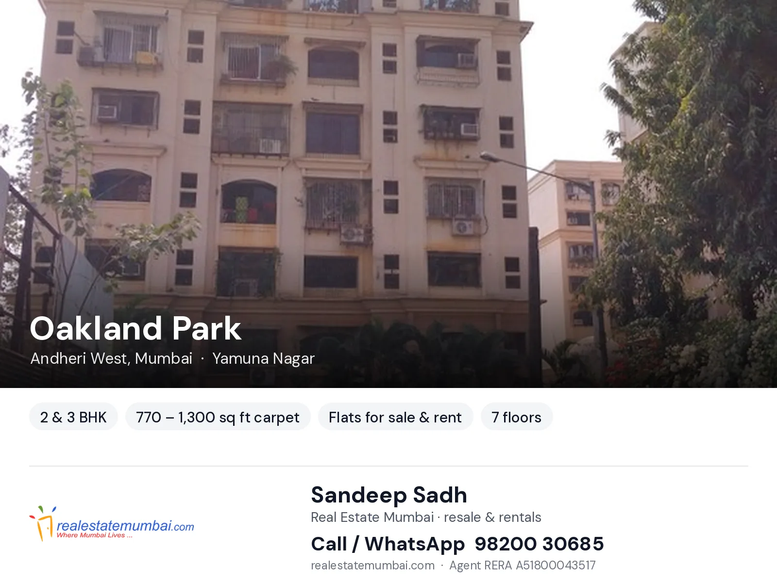 Oakland Park, Andheri West, Mumbai — 2 & 3 BHK flats for sale & rent | Real Estate Mumbai, Sandeep Sadh 98200 30685