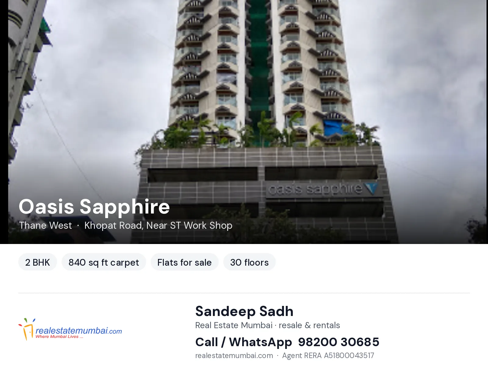 Oasis Sapphire, Thane West — 2 BHK flats for sale | Real Estate Mumbai, Sandeep Sadh 98200 30685