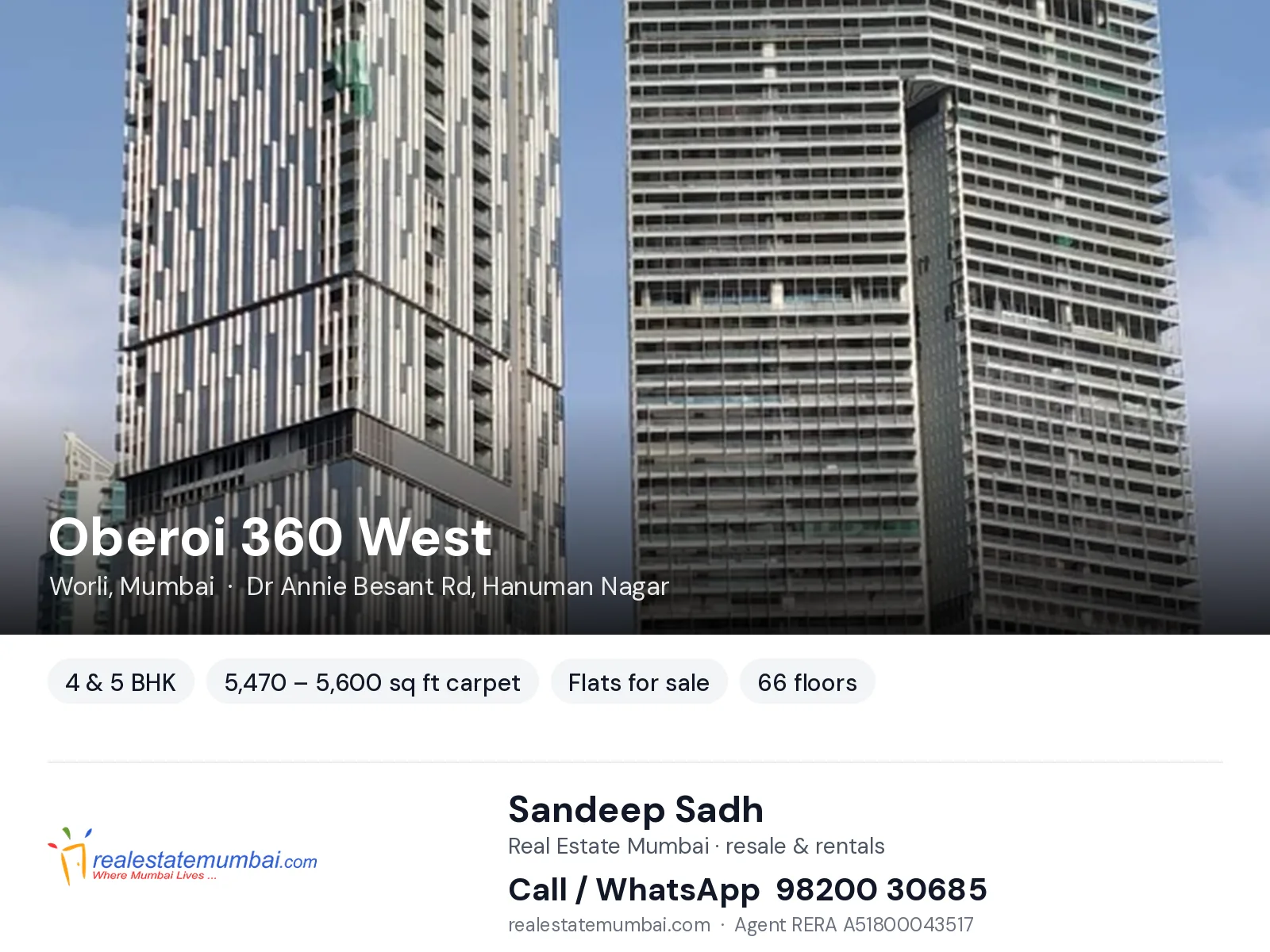 Oberoi 360 West, Worli, Mumbai — 4 & 5 BHK flats for sale | Real Estate Mumbai, Sandeep Sadh 98200 30685