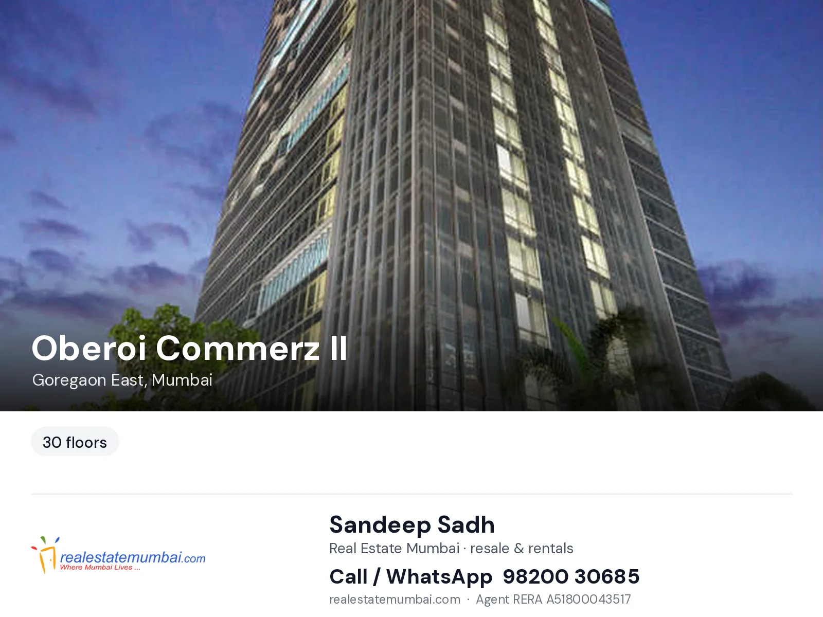 Oberoi Commerz II, Goregaon East, Mumbai — flats | Real Estate Mumbai, Sandeep Sadh 98200 30685
