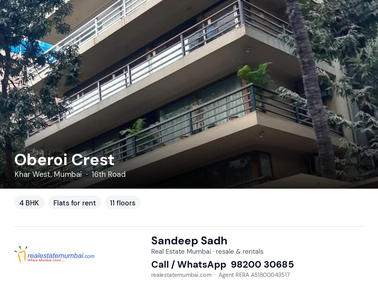 Oberoi Crest, Khar West, Mumbai — 4 BHK flats for rent | Real Estate Mumbai, Sandeep Sadh 98200 30685