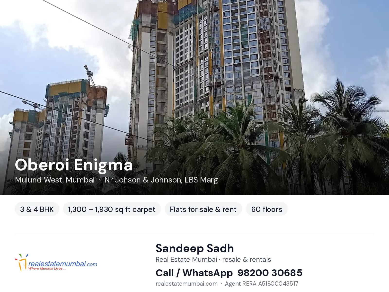 Oberoi Enigma, Mulund West, Mumbai — 3 & 4 BHK flats for sale & rent | Real Estate Mumbai, Sandeep Sadh 98200 30685