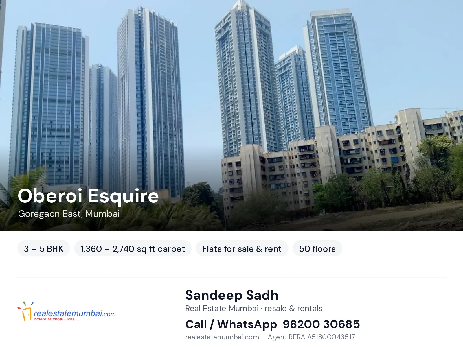 Oberoi Esquire, Goregaon East, Mumbai — 3 – 5 BHK flats for sale & rent | Real Estate Mumbai, Sandeep Sadh 98200 30685