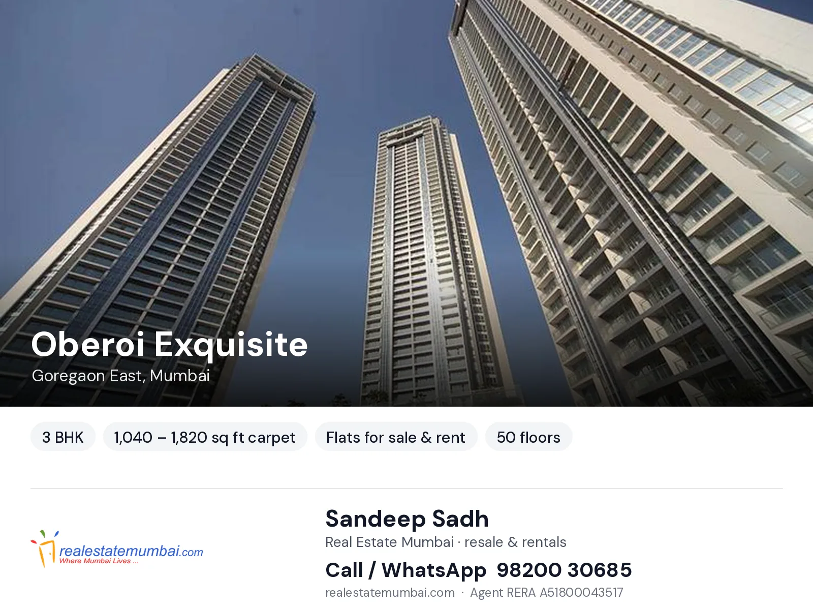Oberoi Exquisite, Goregaon East, Mumbai — 3 BHK flats for sale & rent | Real Estate Mumbai, Sandeep Sadh 98200 30685