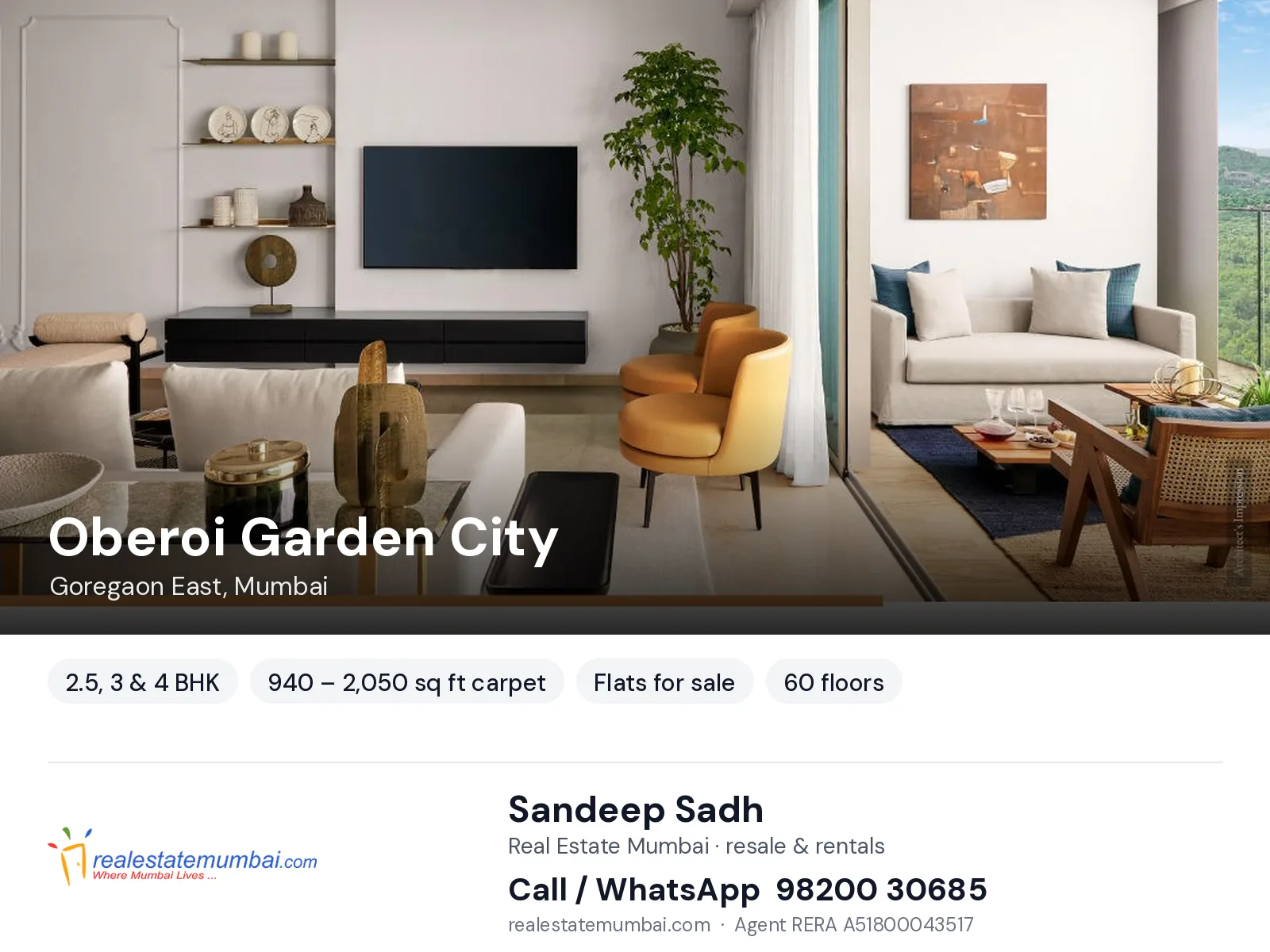 Oberoi Garden City, Goregaon East, Mumbai — 2.5, 3 & 4 BHK flats for sale | Real Estate Mumbai, Sandeep Sadh 98200 30685