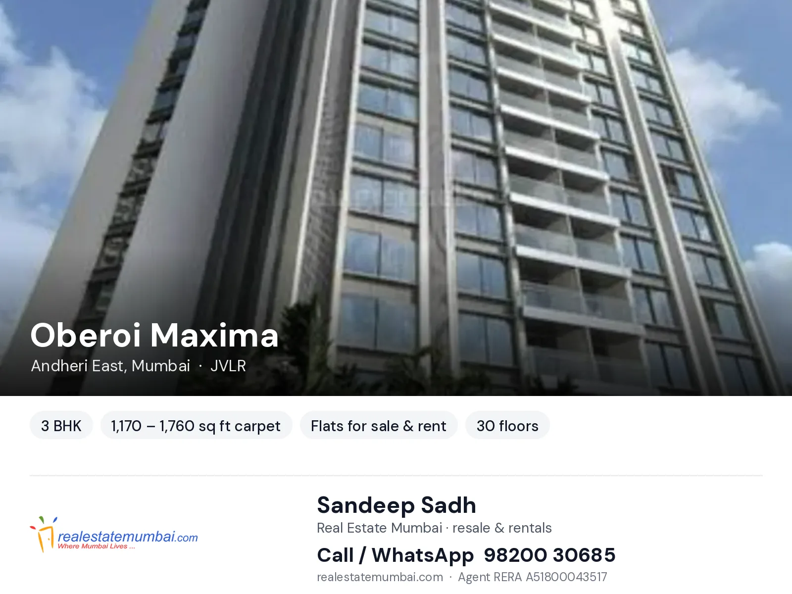 Oberoi Maxima, Andheri East, Mumbai — 3 BHK flats for sale & rent | Real Estate Mumbai, Sandeep Sadh 98200 30685