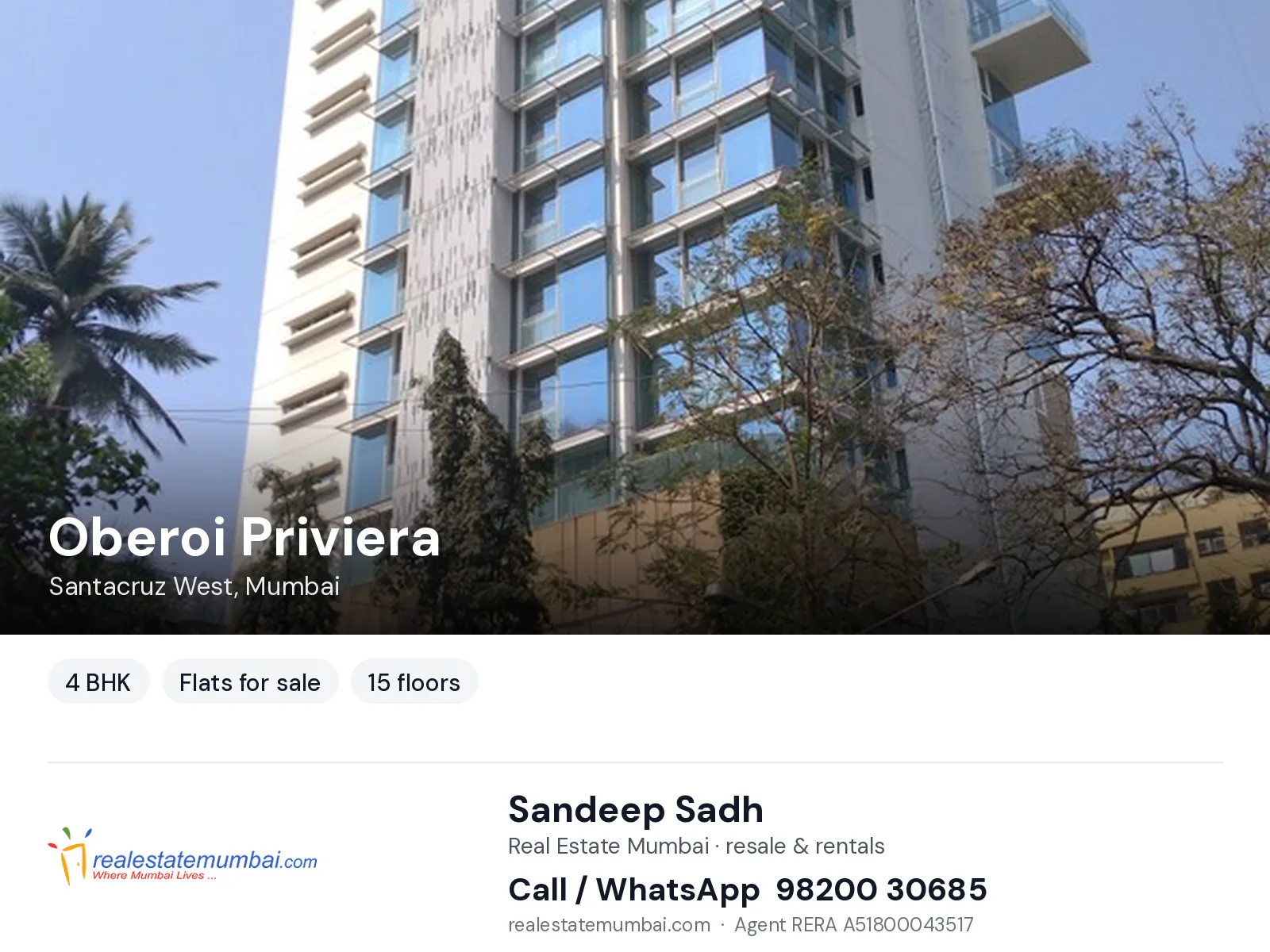 Oberoi Priviera, Santacruz West, Mumbai — 4 BHK flats for sale | Real Estate Mumbai, Sandeep Sadh 98200 30685