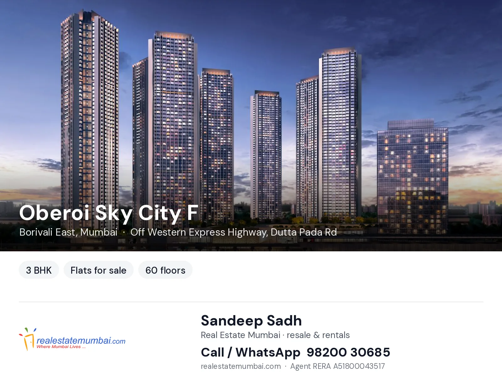 Oberoi Sky City F, Borivali East, Mumbai — 3 BHK flats for sale | Real Estate Mumbai, Sandeep Sadh 98200 30685