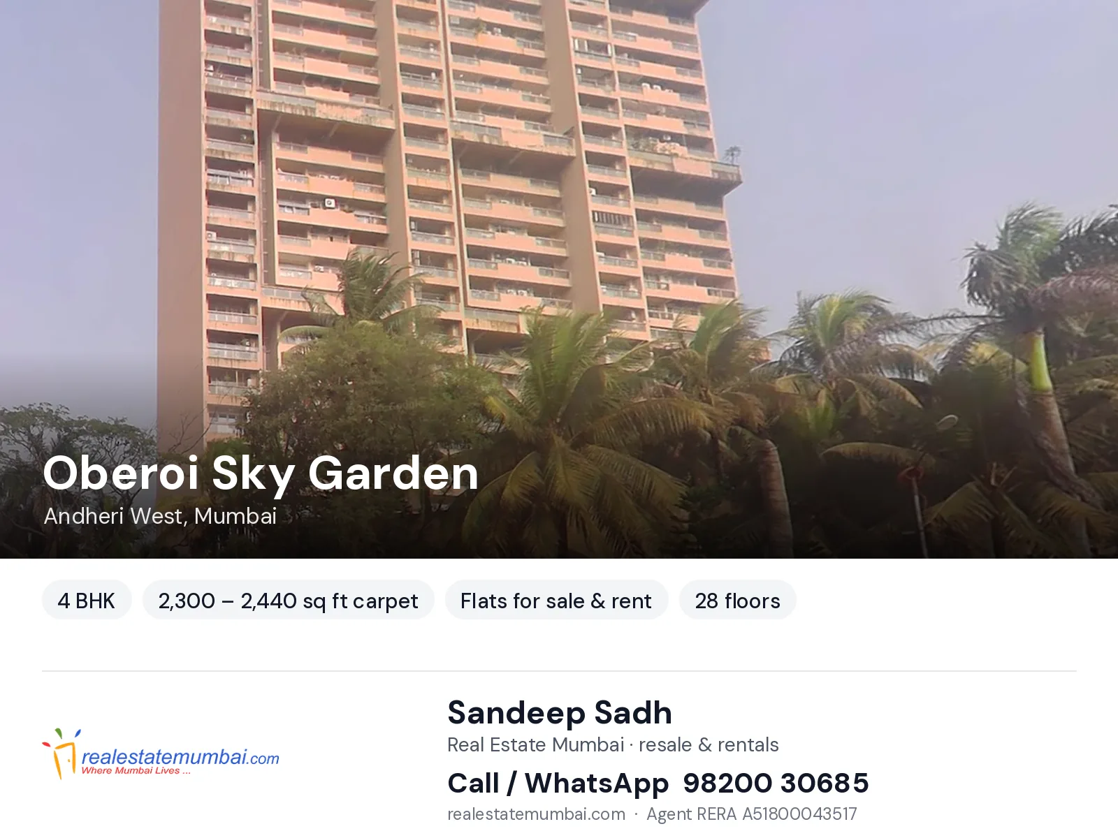 Oberoi Sky Garden, Andheri West, Mumbai — 4 BHK flats for sale & rent | Real Estate Mumbai, Sandeep Sadh 98200 30685