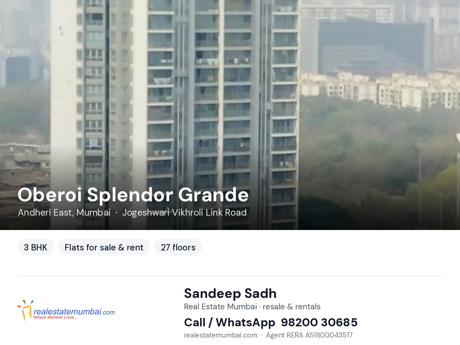 Oberoi Splendor Grande, Andheri East, Mumbai — 3 BHK flats for sale & rent | Real Estate Mumbai, Sandeep Sadh 98200 30685