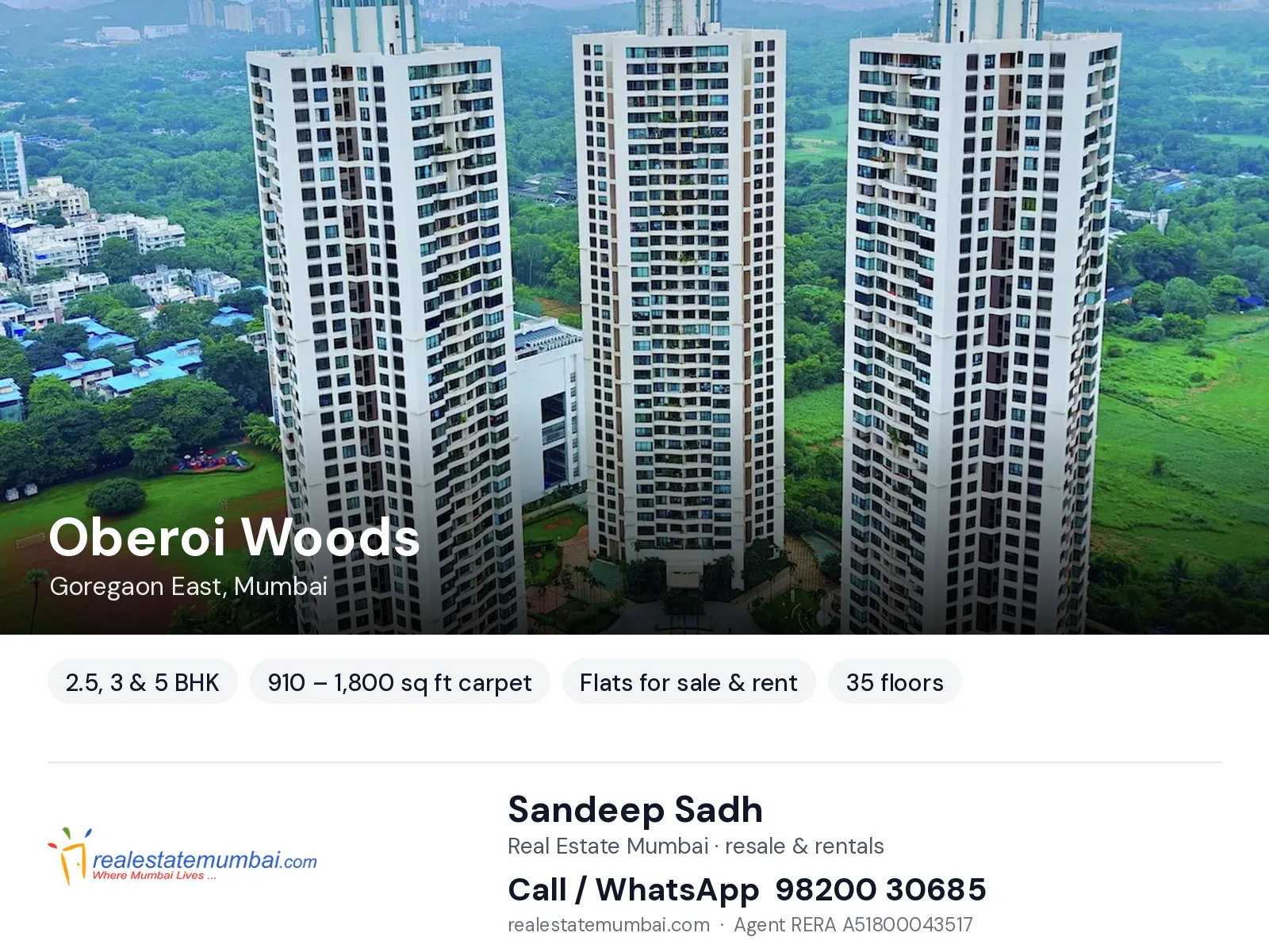 Oberoi Woods, Goregaon East, Mumbai — 2.5, 3 & 5 BHK flats for sale & rent | Real Estate Mumbai, Sandeep Sadh 98200 30685