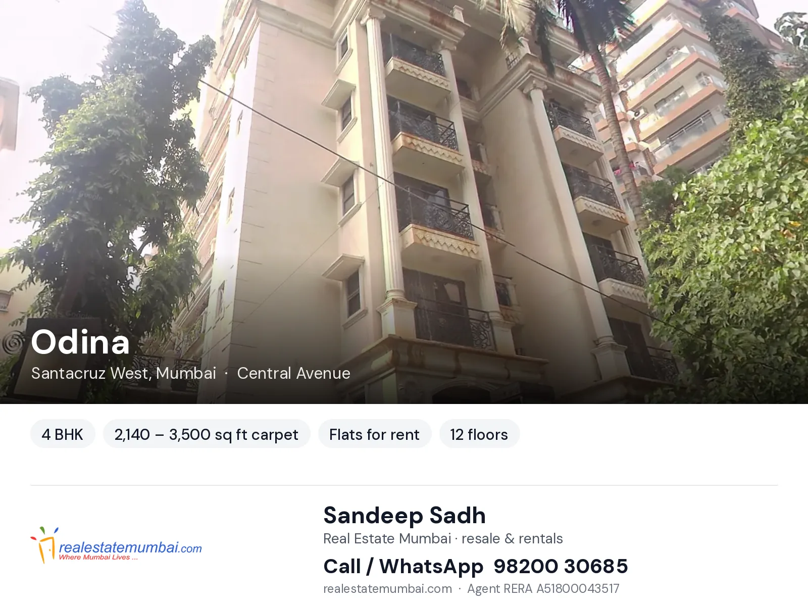 Odina, Santacruz West, Mumbai — 4 BHK flats for rent | Real Estate Mumbai, Sandeep Sadh 98200 30685