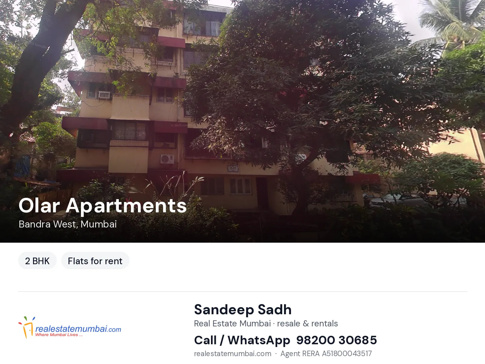 Olar Apartments, Bandra West, Mumbai — 2 BHK flats for rent | Real Estate Mumbai, Sandeep Sadh 98200 30685