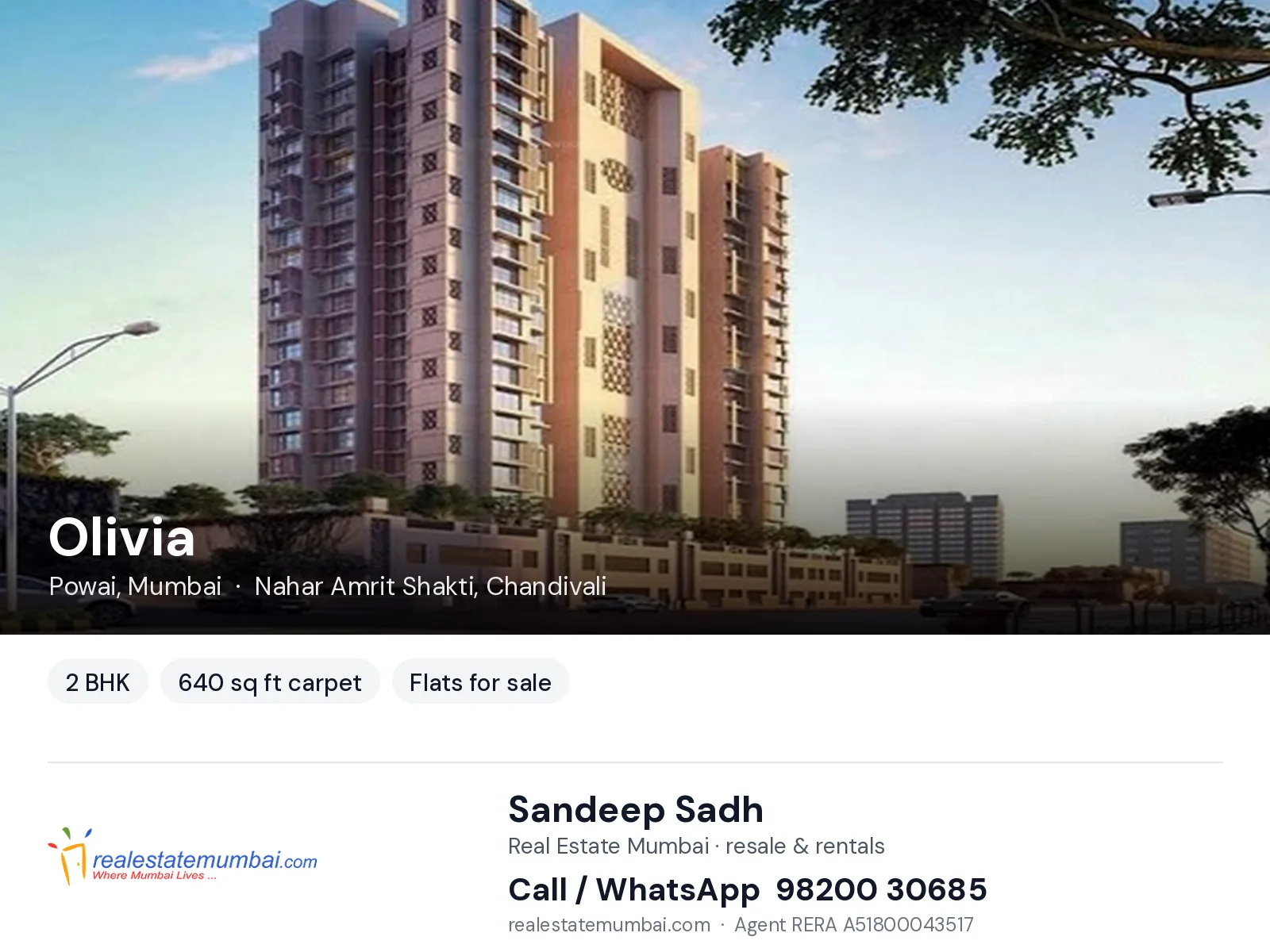 Olivia, Powai, Mumbai — 2 BHK flats for sale | Real Estate Mumbai, Sandeep Sadh 98200 30685