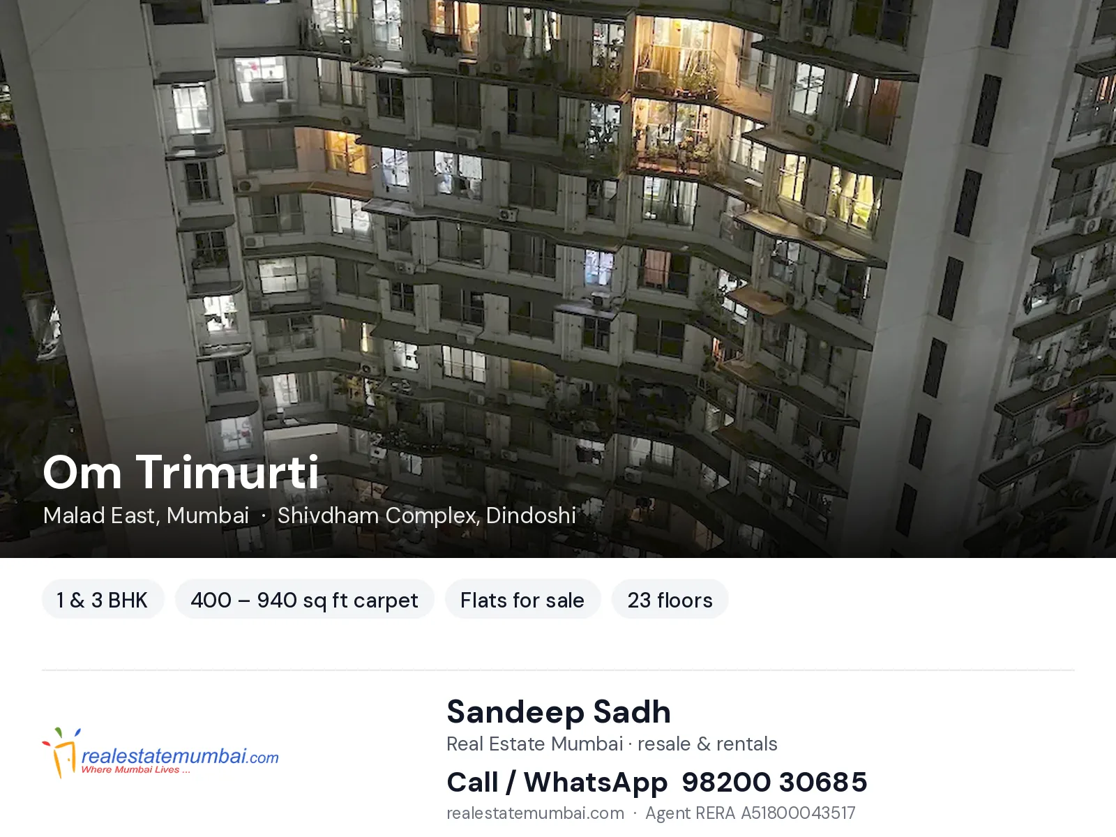 Om Trimurti, Malad East, Mumbai — 1 & 3 BHK flats for sale | Real Estate Mumbai, Sandeep Sadh 98200 30685