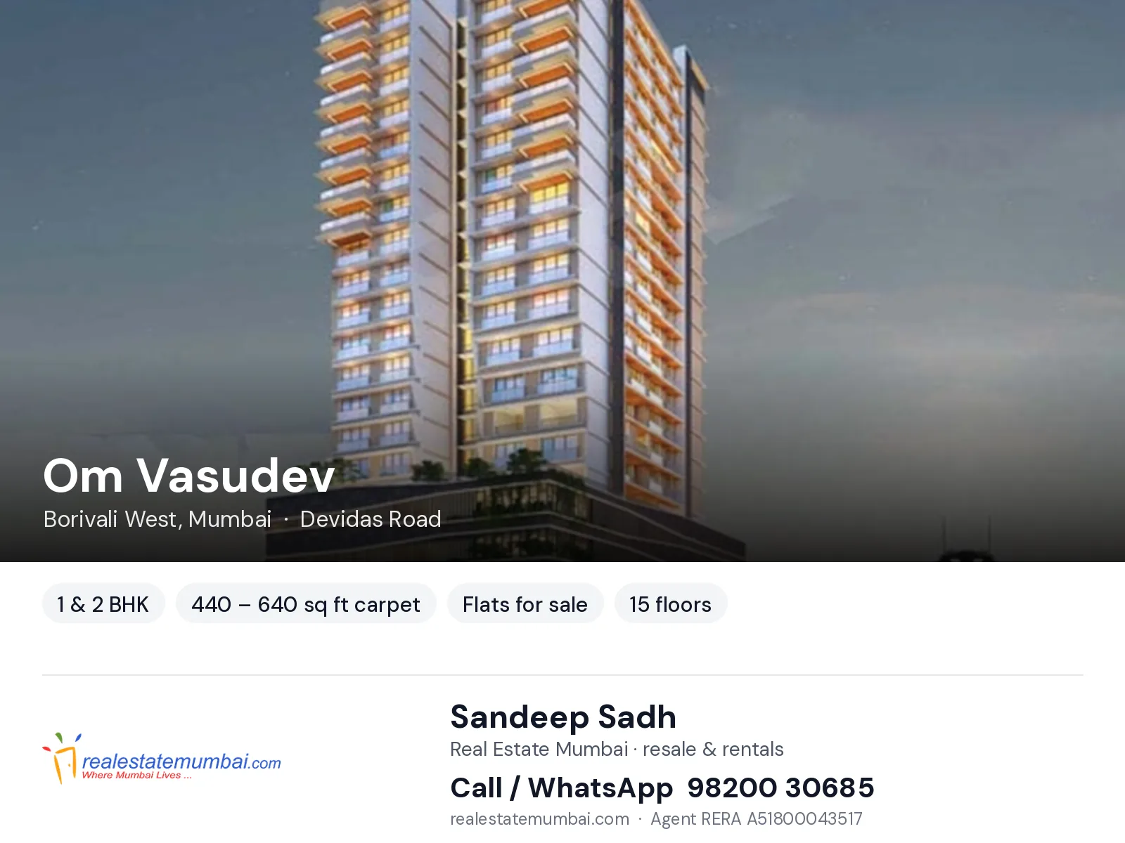 Om Vasudev, Borivali West, Mumbai — 1 & 2 BHK flats for sale | Real Estate Mumbai, Sandeep Sadh 98200 30685