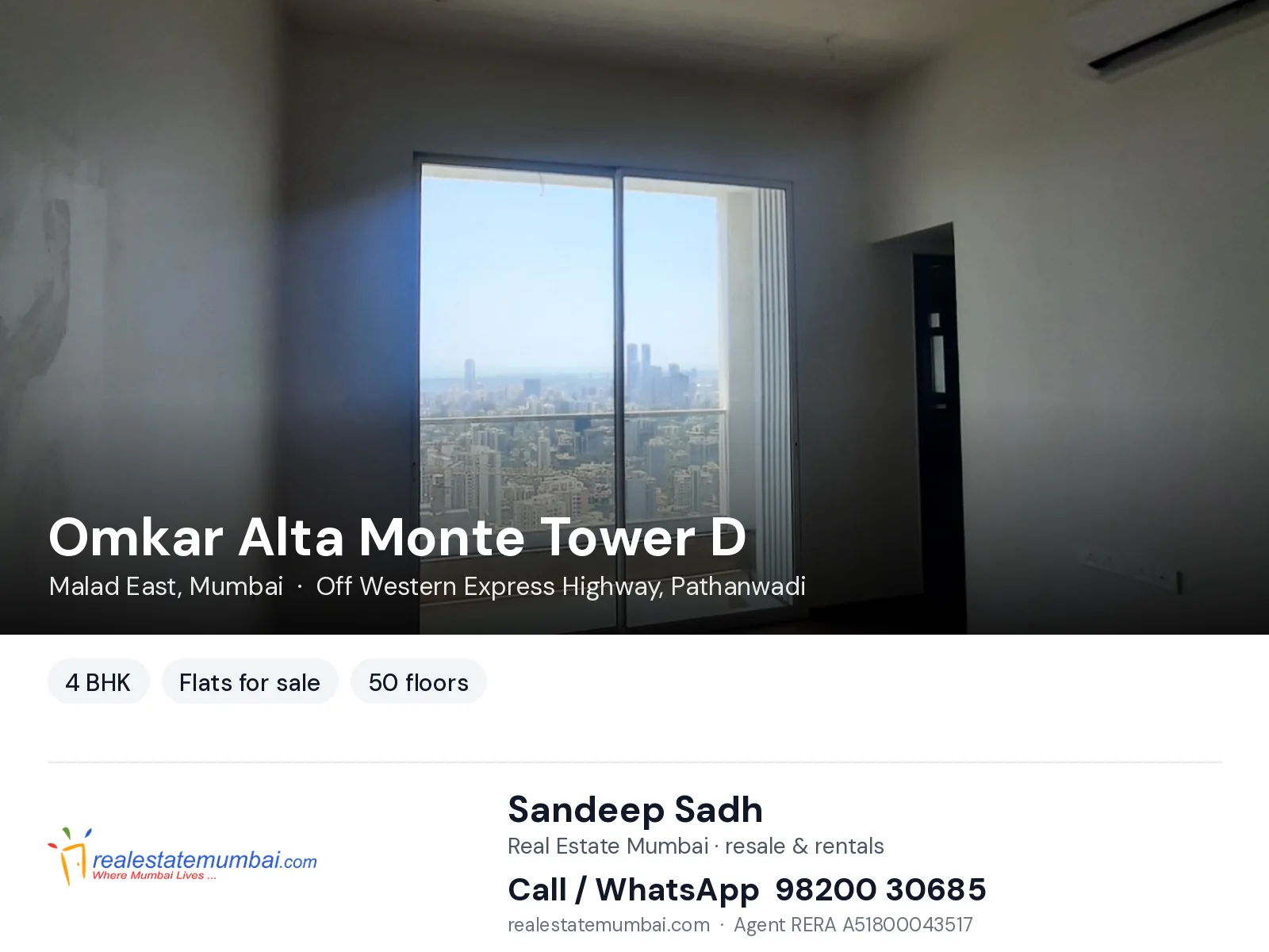 Omkar Alta Monte Tower D, Malad East, Mumbai — 4 BHK flats for sale | Real Estate Mumbai, Sandeep Sadh 98200 30685