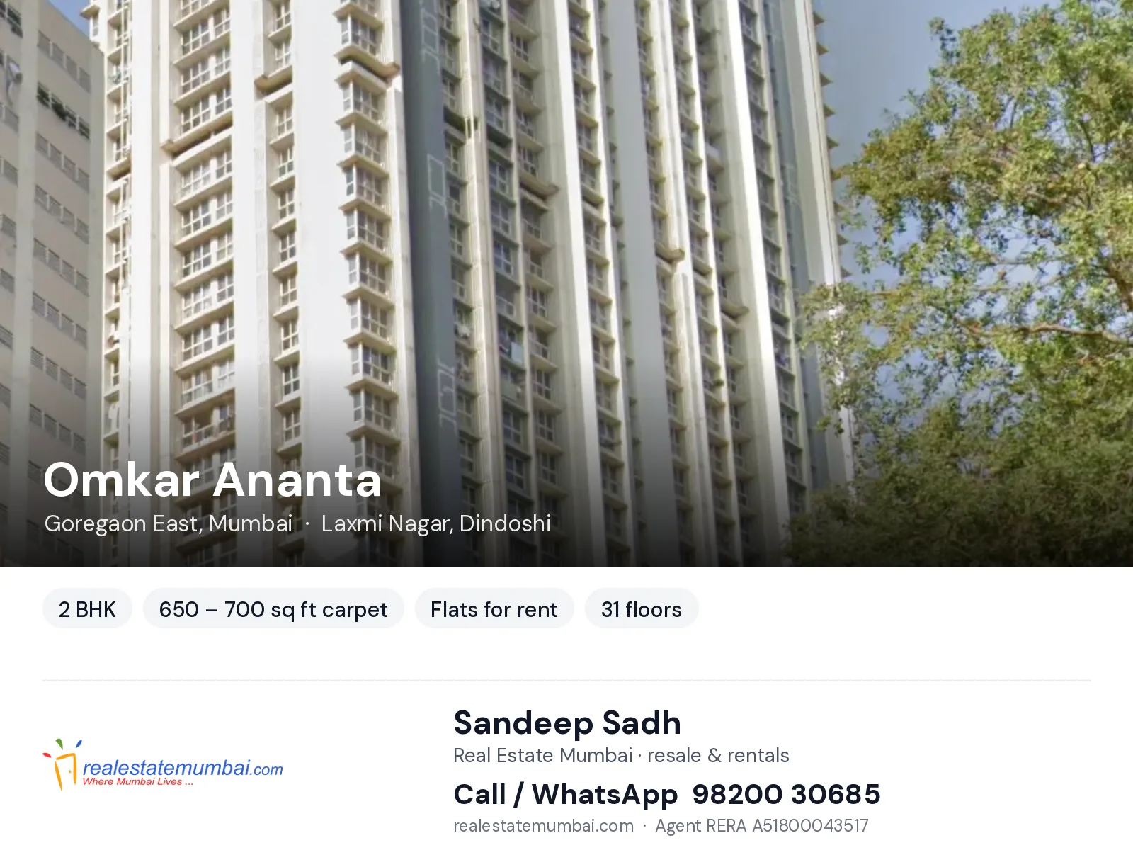 Omkar Ananta, Goregaon East, Mumbai — 2 BHK flats for rent | Real Estate Mumbai, Sandeep Sadh 98200 30685
