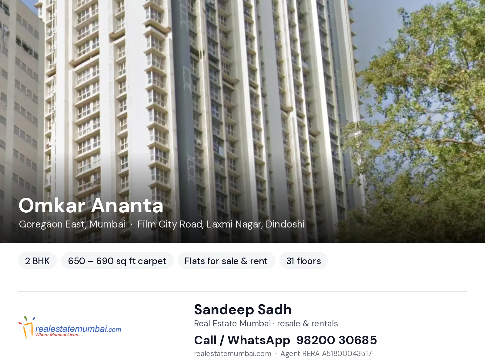 Omkar Ananta, Goregaon East, Mumbai — 2 BHK flats for sale & rent | Real Estate Mumbai, Sandeep Sadh 98200 30685