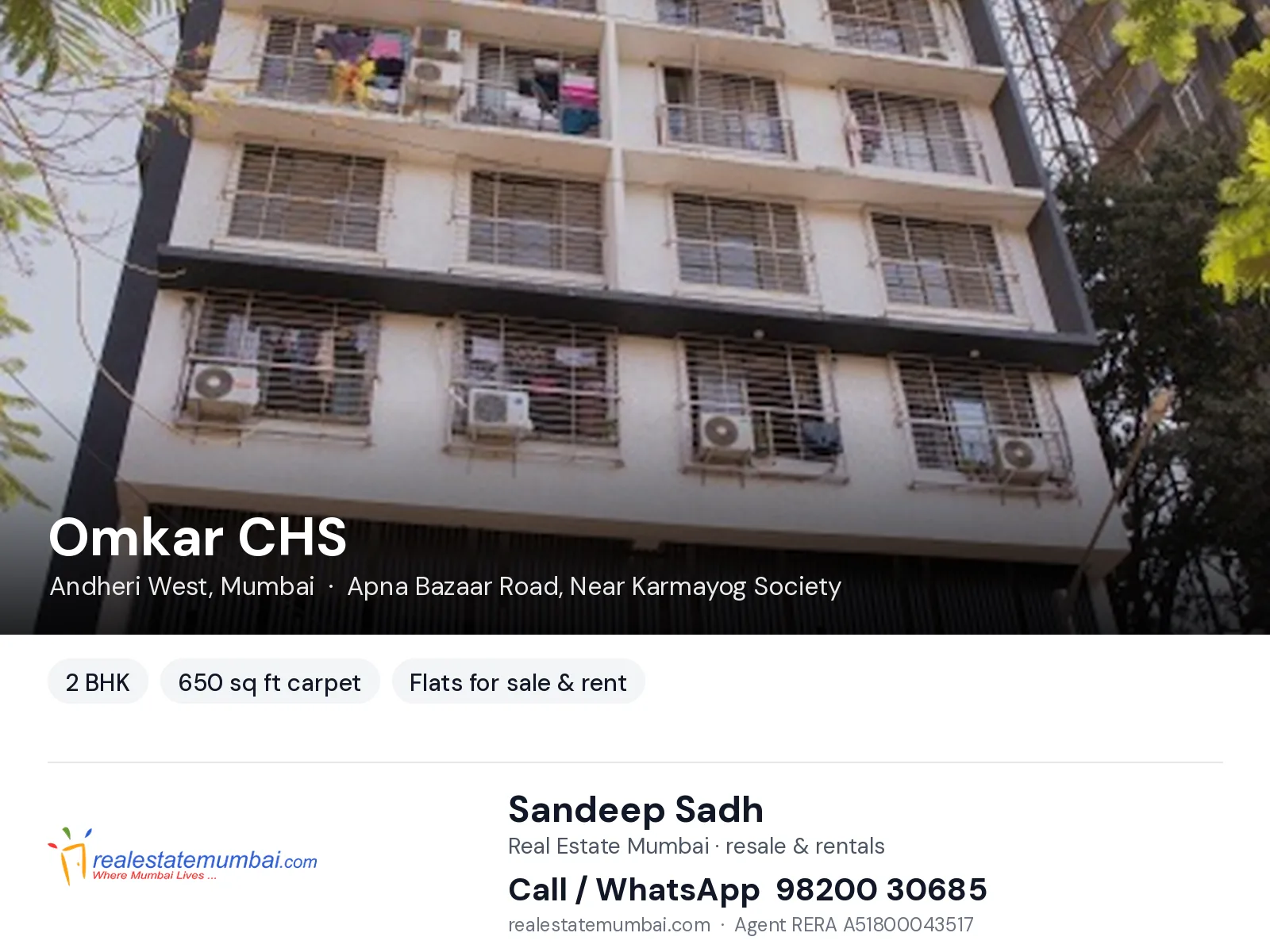 Omkar CHS, Andheri West, Mumbai — 2 BHK flats for sale & rent | Real Estate Mumbai, Sandeep Sadh 98200 30685