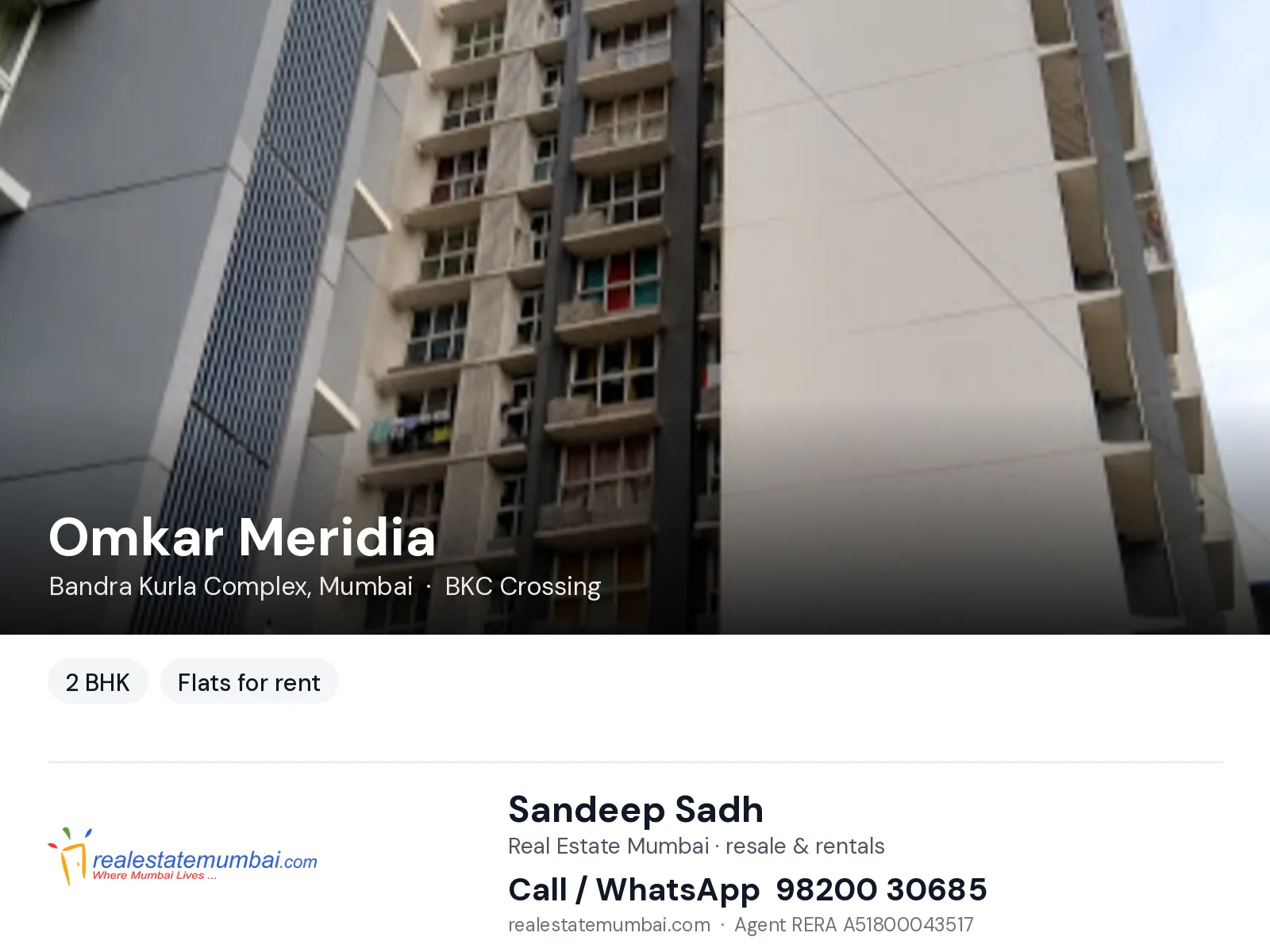 Omkar Meridia, Bandra Kurla Complex, Mumbai — 2 BHK flats for rent | Real Estate Mumbai, Sandeep Sadh 98200 30685