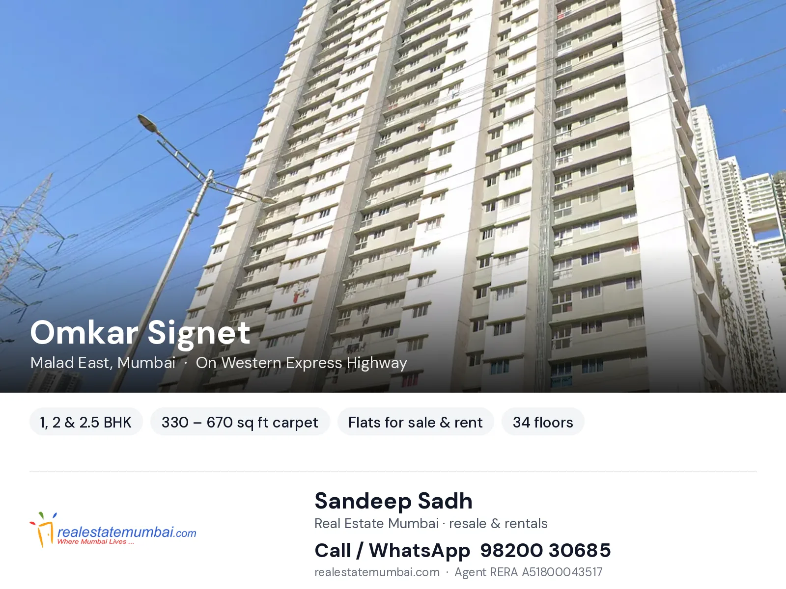 Omkar Signet, Malad East, Mumbai — 1, 2 & 2.5 BHK flats for sale & rent | Real Estate Mumbai, Sandeep Sadh 98200 30685