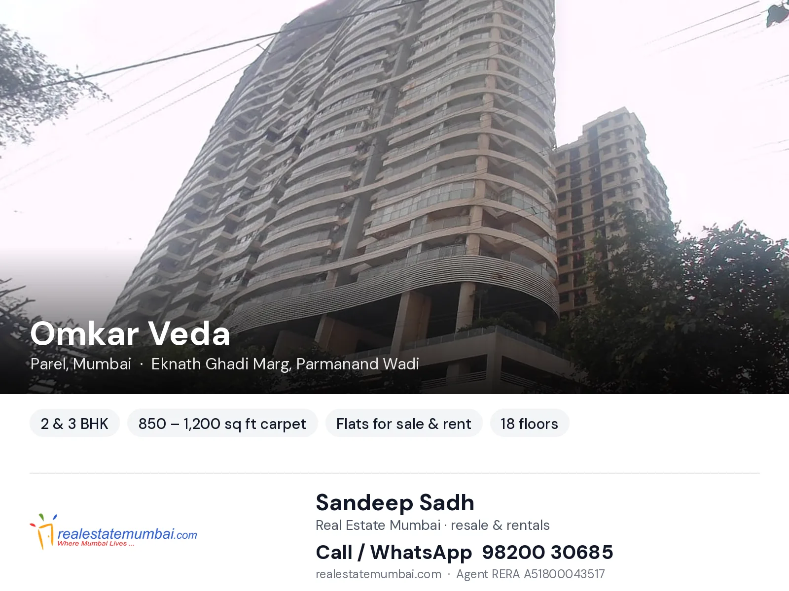 Omkar Veda, Parel, Mumbai — 2 & 3 BHK flats for sale & rent | Real Estate Mumbai, Sandeep Sadh 98200 30685
