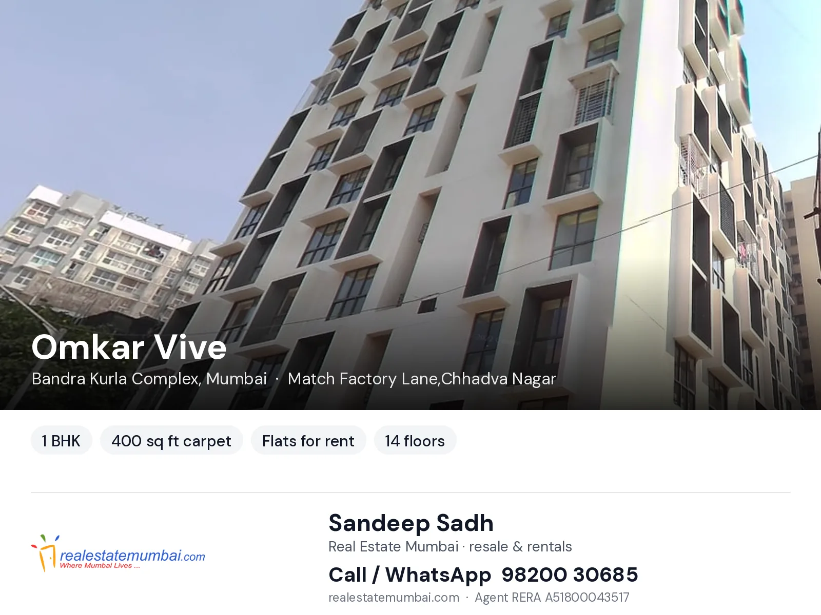 Omkar Vive, Bandra Kurla Complex, Mumbai — 1 BHK flats for rent | Real Estate Mumbai, Sandeep Sadh 98200 30685