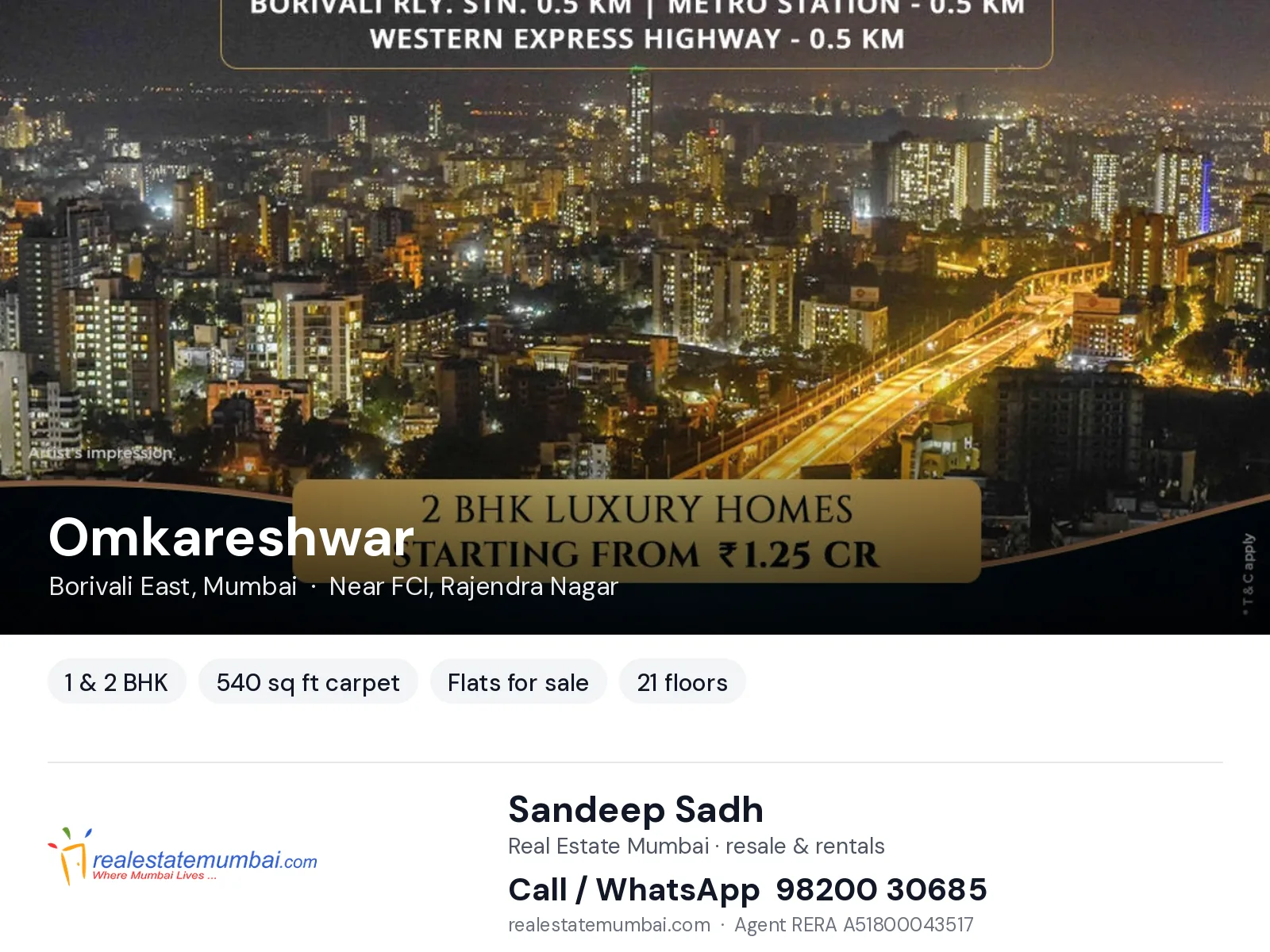 Omkareshwar, Borivali East, Mumbai — 1 & 2 BHK flats for sale | Real Estate Mumbai, Sandeep Sadh 98200 30685