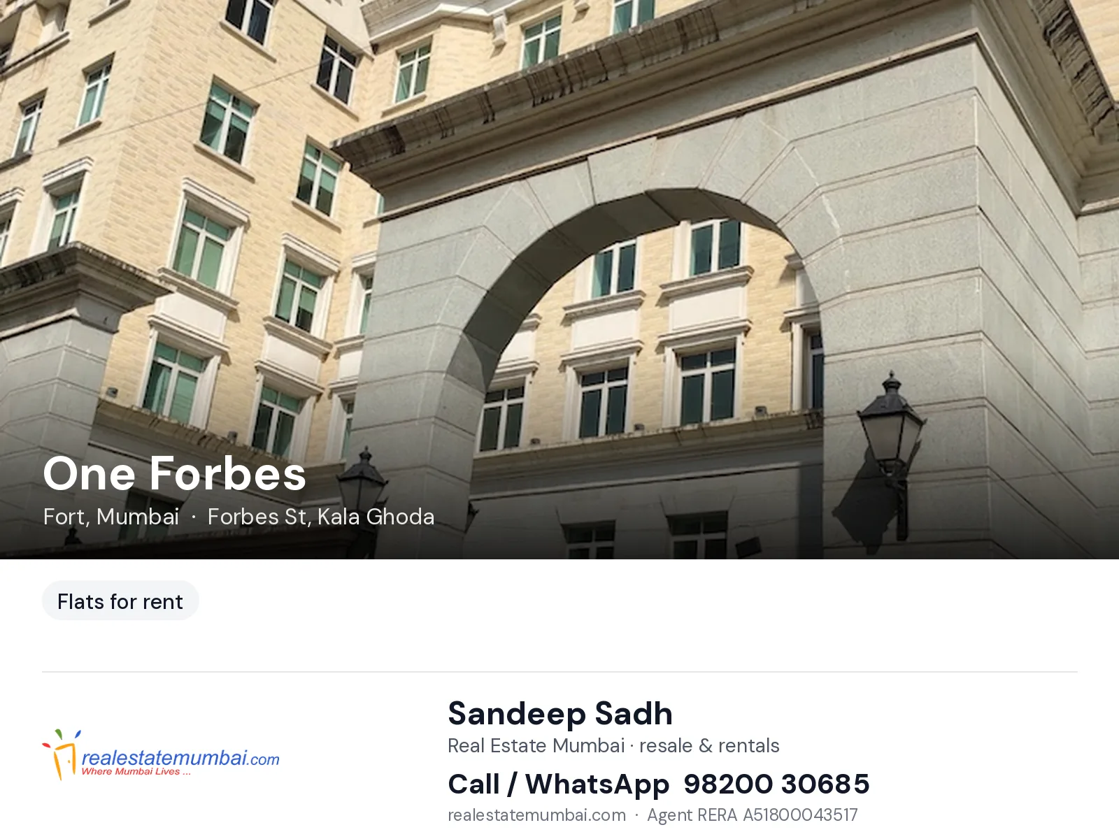 One Forbes, Fort, Mumbai — flats for rent | Real Estate Mumbai, Sandeep Sadh 98200 30685