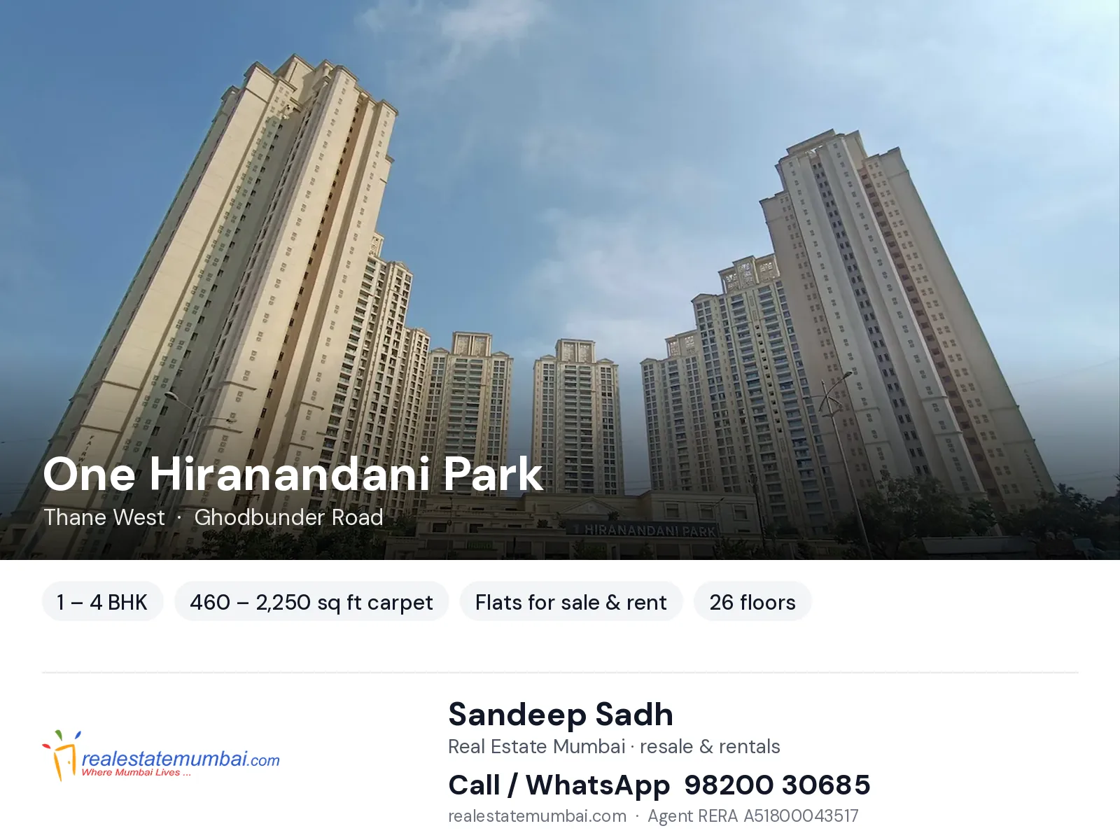 One Hiranandani Park, Thane West — 1 – 4 BHK flats for sale & rent | Real Estate Mumbai, Sandeep Sadh 98200 30685