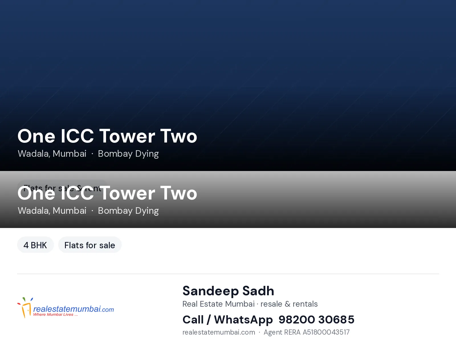 One ICC Tower Two, Wadala, Mumbai — 4 BHK flats for sale | Real Estate Mumbai, Sandeep Sadh 98200 30685