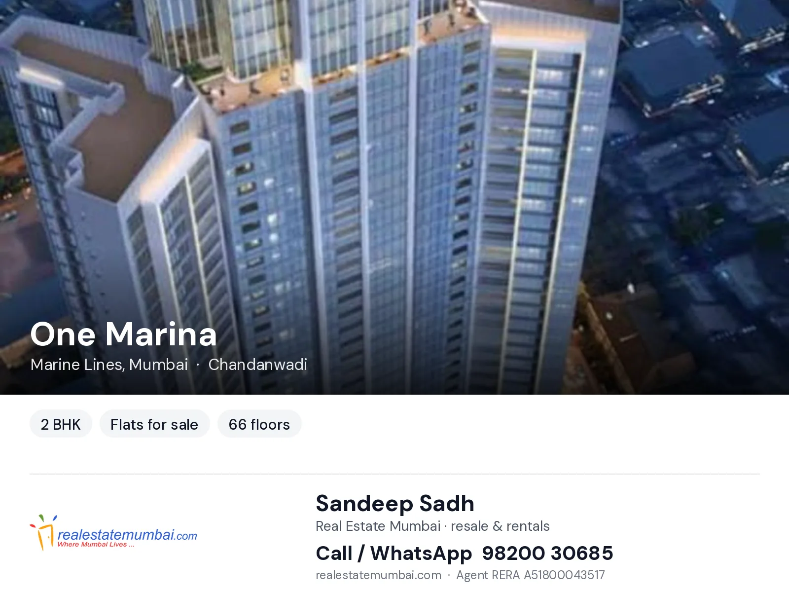 One Marina, Marine Lines, Mumbai — 2 BHK flats for sale | Real Estate Mumbai, Sandeep Sadh 98200 30685