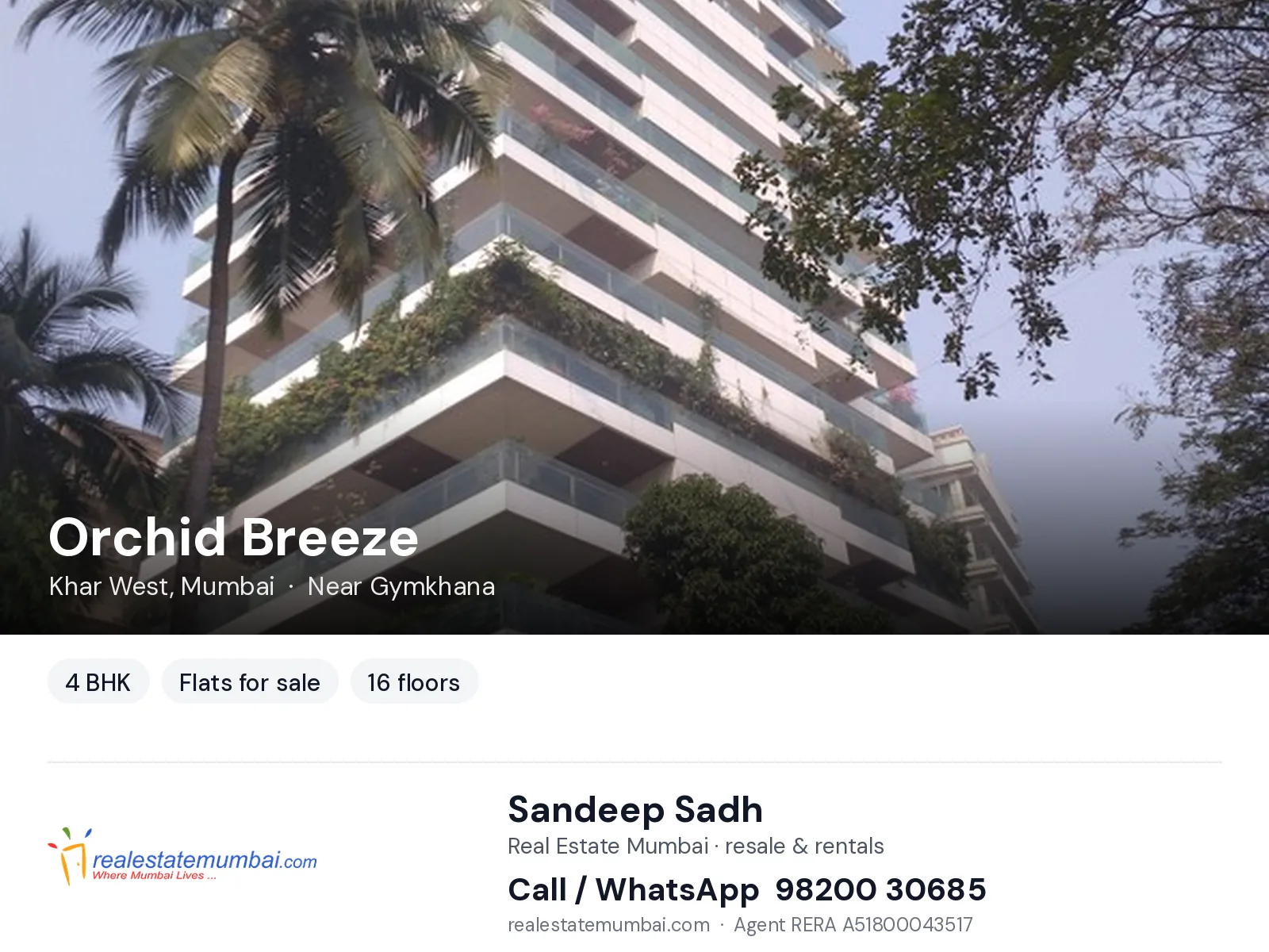 Orchid Breeze, Khar West, Mumbai — 4 BHK flats for sale | Real Estate Mumbai, Sandeep Sadh 98200 30685